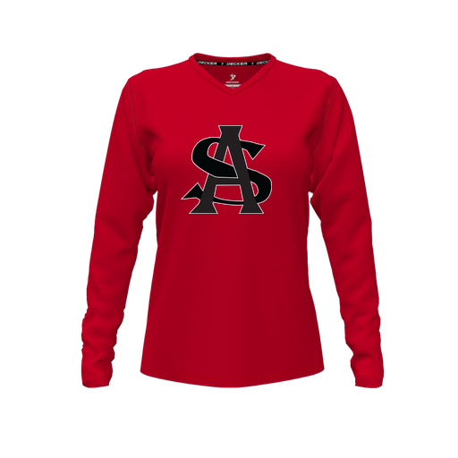 [FTLVPTRD-FYXS-LOGO1] Decker Performance T-Shirt (Female Youth XS, Red, V Neck, Logo 1, Long Sleeve)